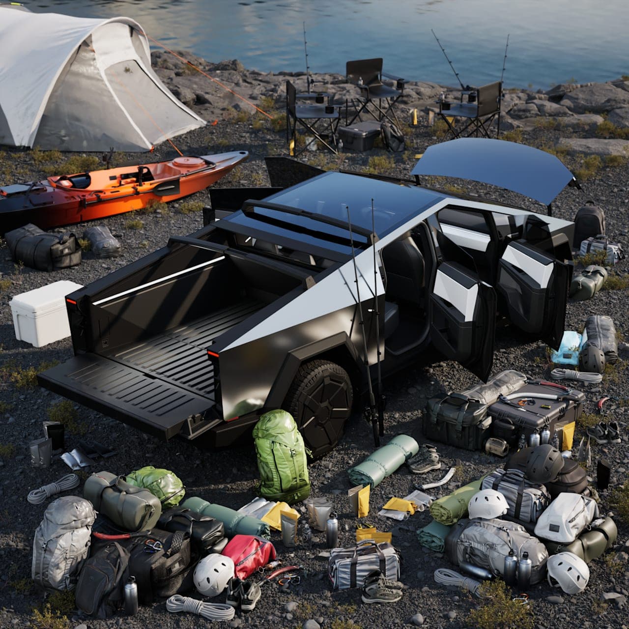 Tesla’s official Cybertruck photograph showing its open bed and doors at a campsite